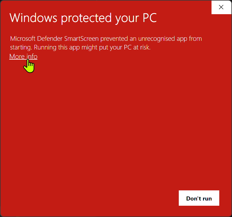 Windows SmartScreen warning with More info link