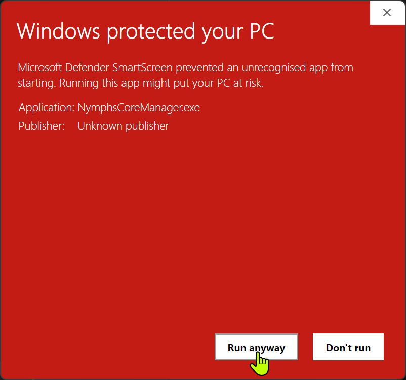 Windows SmartScreen warning showing Run anyway